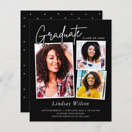 Budget Black Grad 3 Foto Graduation Einladungen (Vorne/Hinten)