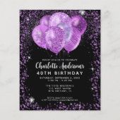 Budget Black Lila Glam Glitzer Balloon Birthday Flyer (Vorne)