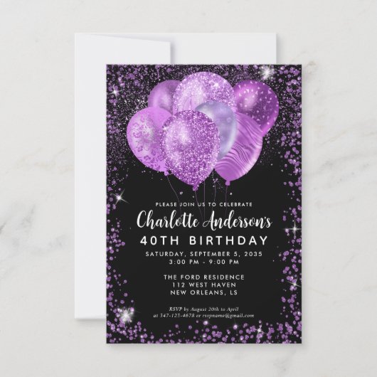 Budget Black Lila Glam Glitzer Balloon Birthday Mitteilungskarte (Vorderseite)