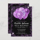 Budget Black Lila Glam Glitzer Balloon Birthday Mitteilungskarte (Vorne/Hinten)