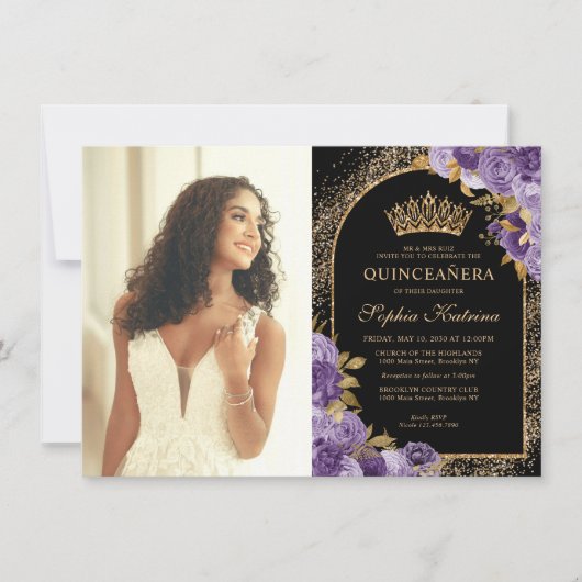 Budget Black Lila Gold Floral Foto Quinceanera Mitteilungskarte (Vorderseite)