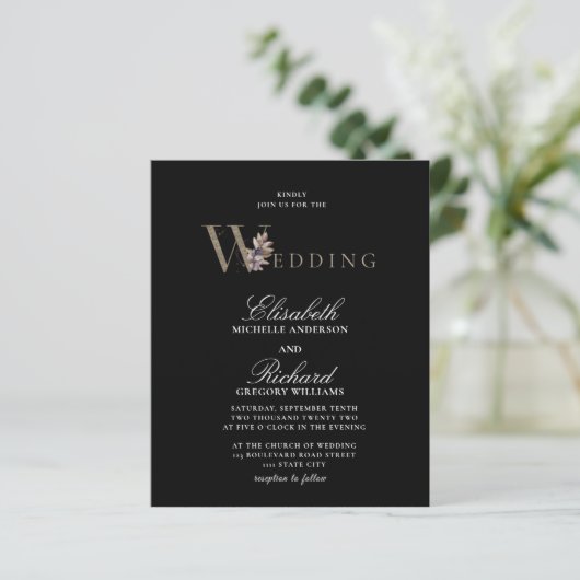 Budget Black Modern Orchide Wedding Flyer (Stehend Vorderseite)