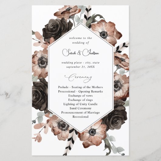 Budget Black &NaturalFloral Boho Wedding Program M (Vorderseite)