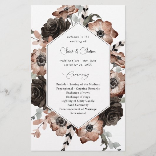 Budget Black &NaturalFloral Boho Wedding Program M Flyer (Vorne)