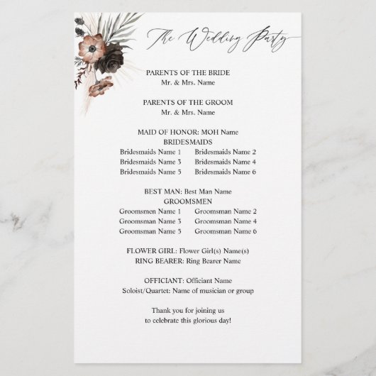 Budget Black &NaturalFloral Boho Wedding Program M Flyer (Hinten)
