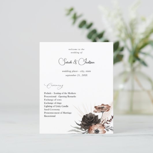 Budget Black&NaturalFloral Boho Wedding Programm 2 (Stehend Vorderseite)