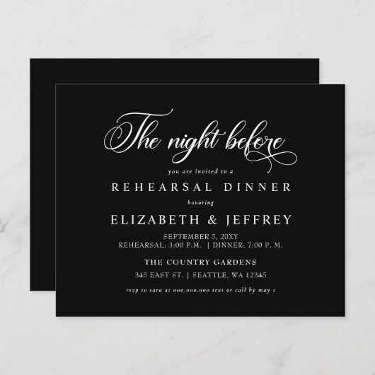 Budget Black Night Before Rehearsal Dinner invite (Vorne/Hinten)