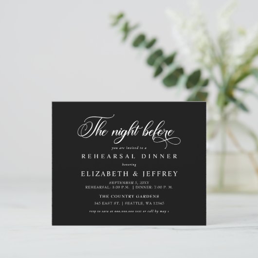 Budget Black Night Before Rehearsal Dinner invite (Stehend Vorderseite)