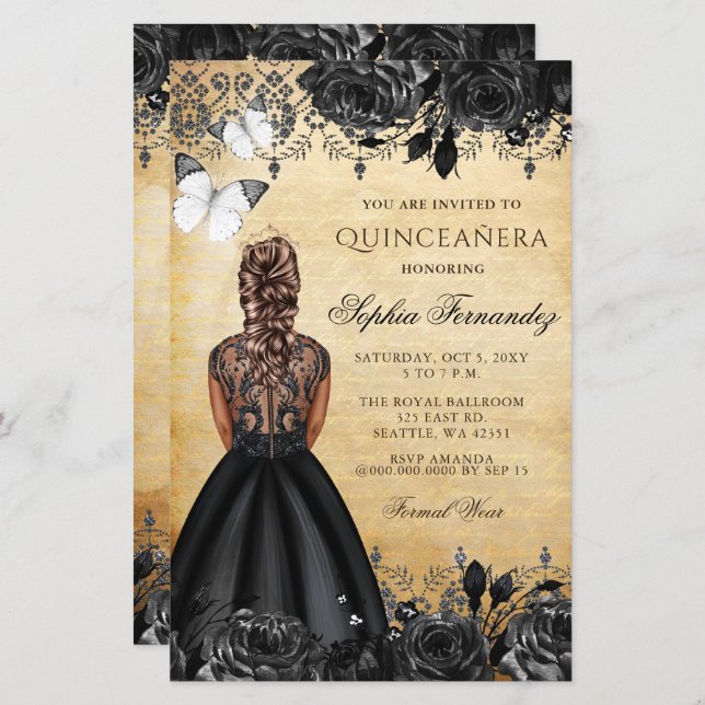 Budget Black Princess Quinceañera Einladung (Vorne/Hinten)
