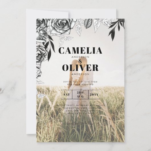 Budget Black Rose FOTO OVERLAY Hochzeit Einladung (Vorderseite)