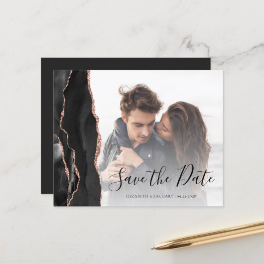 Budget Black Rose Gold Agate 6-Foto Save the Date (Vorderseite/Rückseite Beispiel)