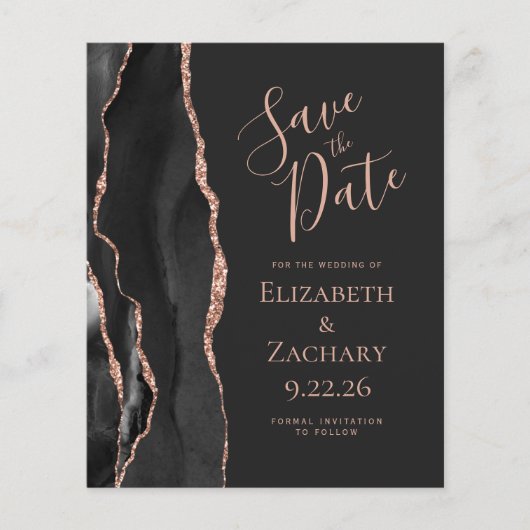 Budget Black Rose Gold Agate Dark Save the Date (Vorderseite)