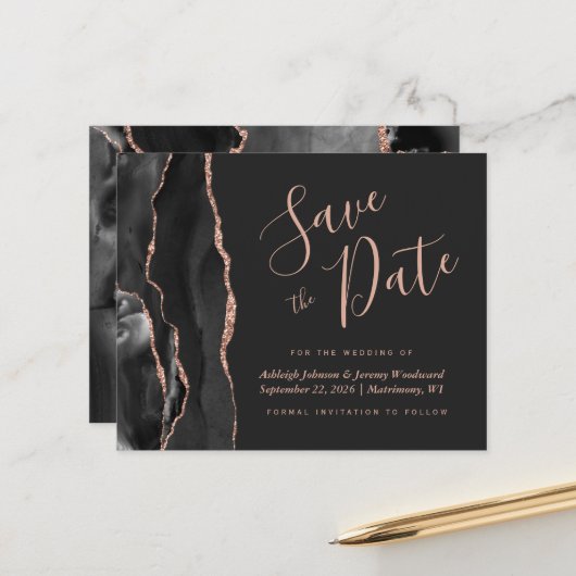 Budget Black Rose Gold Agate Dark Save the Date (Vorderseite/Rückseite Beispiel)