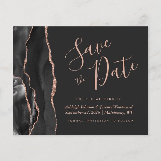 Budget Black Rose Gold Agate Dark Save the Date (Vorderseite)