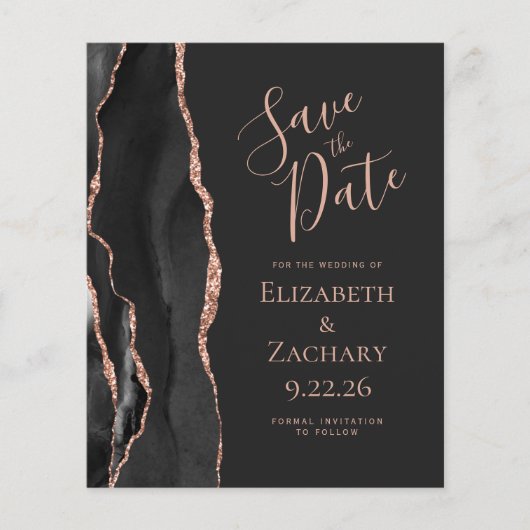 Budget Black Rose Gold Agate Dark Save the Date (Vorderseite)