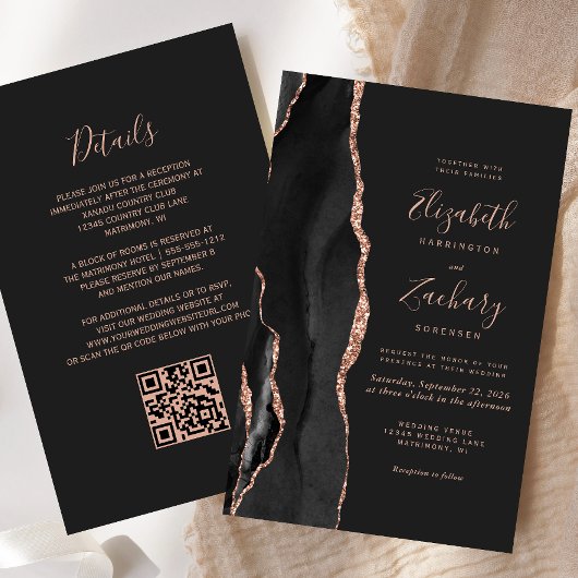Budget Black Rose Gold Agate Dunkel QR Code Hochze