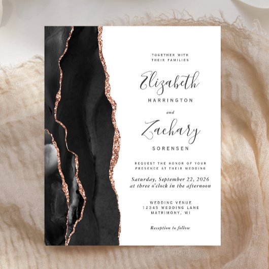Budget Black Rose Gold Agate Hochzeit Einladung