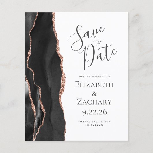Budget Black Rose Gold Agate Save the Date (Vorderseite)