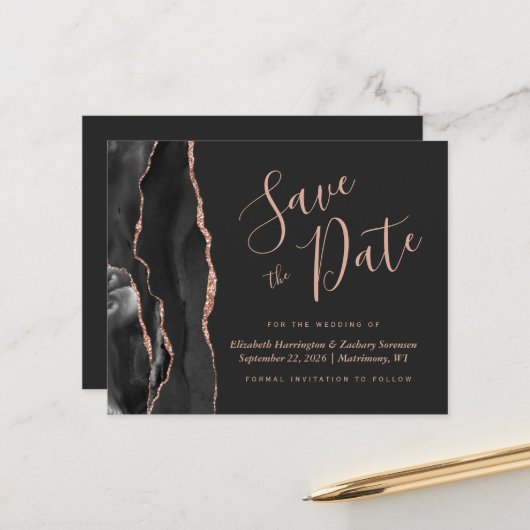 Budget Black Rose Gold Agate Wedding Save the Date (Vorderseite/Rückseite Beispiel)
