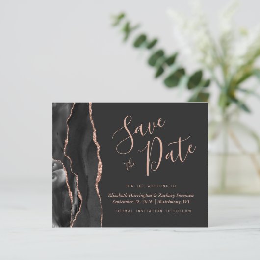 Budget Black Rose Gold Agate Wedding Save the Date (Stehend Vorderseite)