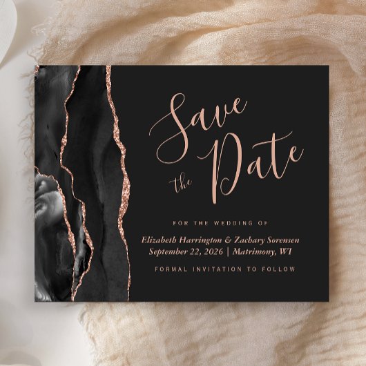 Budget Black Rose Gold Agate Wedding Save the Date