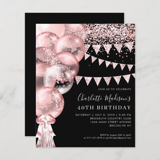 Budget Black Rose Gold Ballon jedes Alter Geburtst (Vorne/Hinten)