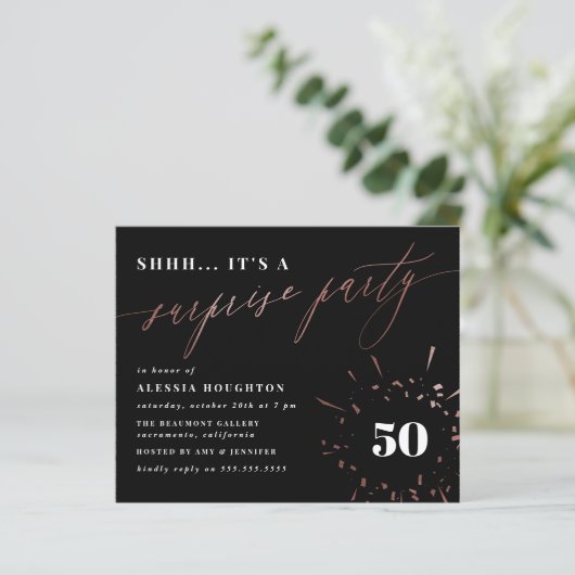 Budget Black & Rose Gold Script Überraschung Party (Stehend Vorderseite)