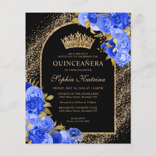 Budget Black Royal Blue Gold Floral Quinceanera (Vorderseite)