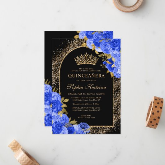 Budget Black Royal Blue Gold Floral Quinceanera Mitteilungskarte (Vorderseite/Rückseite Beispiel)