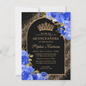 Budget Black Royal Blue Gold Floral Quinceanera Mitteilungskarte (Vorderseite)