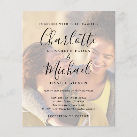 Budget Black Script 2 Fotos Einladung Hochzeit (Vorderseite)