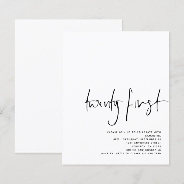 Budget Black Script White 21. Geburtstag Einladung (Vorne/Hinten)