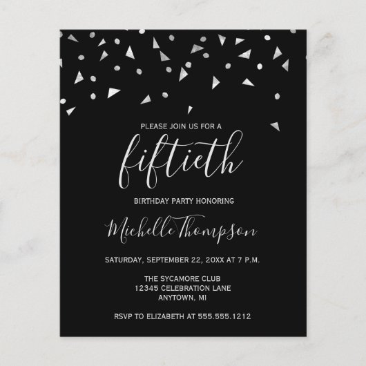 Budget Black Silver 50. Geburtstagsparty Einladung (Vorderseite)