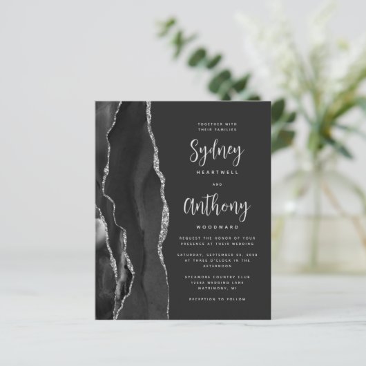Budget Black Silver Agate Calligraphy Wedding (Stehend Vorderseite)