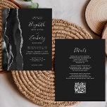 Budget Black Silver Agate Dark QR Code Hochzeit<br><div class="desc">Der links Rand dieser eleganten, modernen Hochzeitseinladung besticht durch einen schwarzen Aquarellrahmen, der mit Imitaten aus silberem Glitzer bestickt ist. Der anpassbare Text kombiniert Handschrift, Copperplate und kursiv Schriftart in hellsilbergrauer Farbe auf schwarzem Hintergrund. Fügen Sie zusätzliche Details auf der Rückseite, zusammen mit einem QR-Code, um Ihren Gästen zu helfen,...</div>