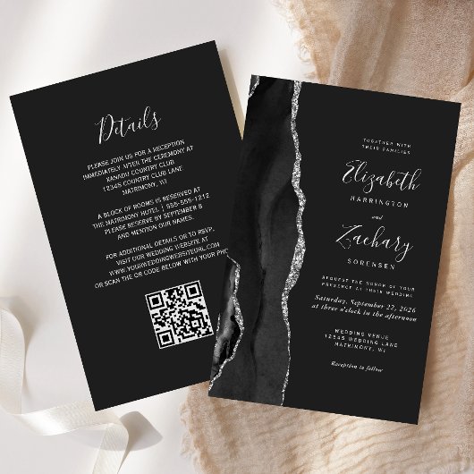 Budget Black Silver Agate Dark QR Code Hochzeit