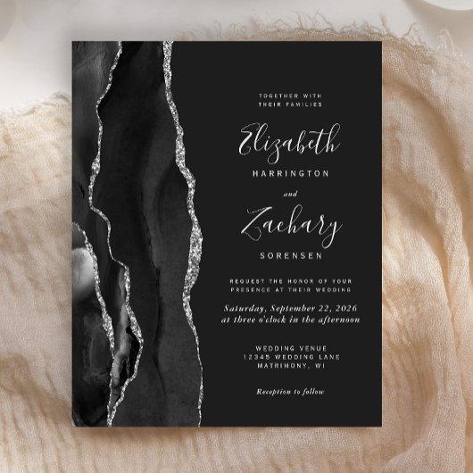 Budget Black Silver Agate Dark Wedding Einladung