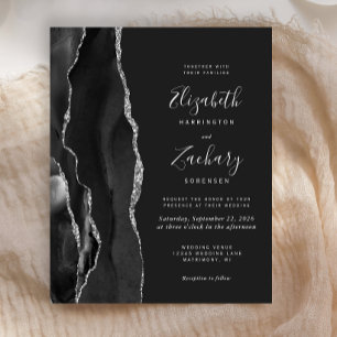 Budget Black Silver Agate Dark Wedding Einladung