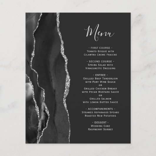 Budget Black Silver Agate Dark Wedding Menü (Vorderseite)