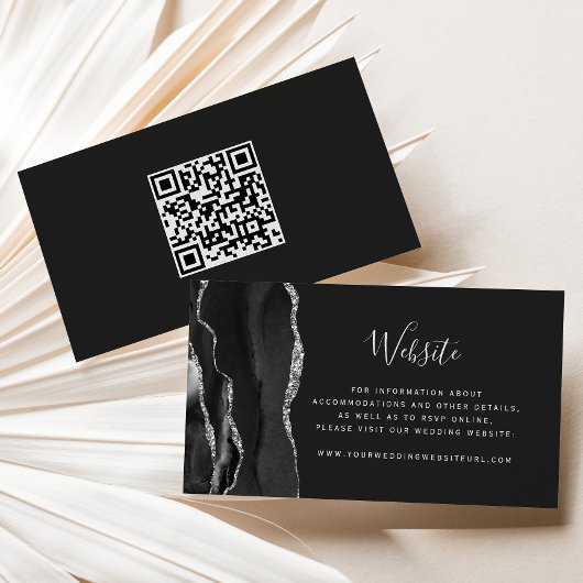 Budget Black Silver Agate Dark Wedding QR Code Begleitkarte