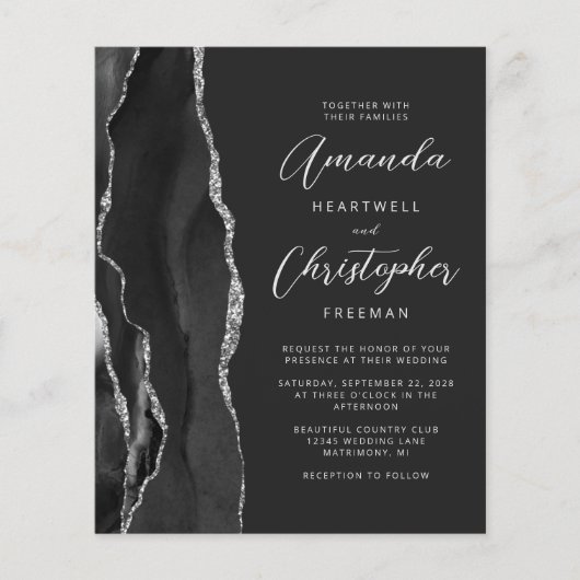 Budget Black Silver Agate Slate Wedding Einladung (Vorderseite)