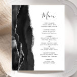 Budget Black Silver Agate Wedding Menü<br><div class="desc">Die links Seite dieses eleganten,  modernen Hochzeitsmenüs besticht durch einen schwarzen Aquarellrahmen,  der mit Imitaten aus silberem Glitzer besticht. Der anpassbare Text kombiniert handgeschriebene handgeschriebene Schriftzeichen aus Holzkohle mit Schriftart aus Kupferplatte auf weißem Hintergrund. Auf der Rückseite ist ein passendes schwarz-silberfarbenes Design erkennbar.</div>