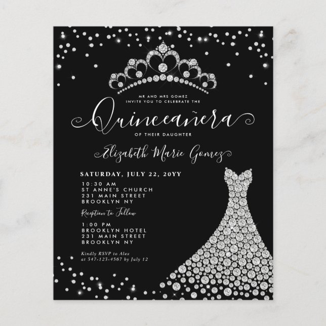 Budget Black Silver Diamond Sparkle Quinceanera (Vorderseite)