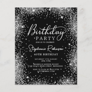 Budget Black Silver Glitzer 40. Geburtstag Einladu