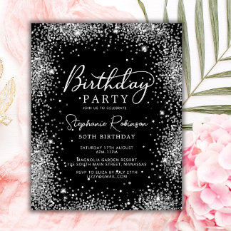 Budget Black Silver Glitzer 50. Geburtstag Einladu
