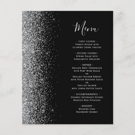 Budget Black Silver Glitzer Edge Wedding Menu (Vorderseite)