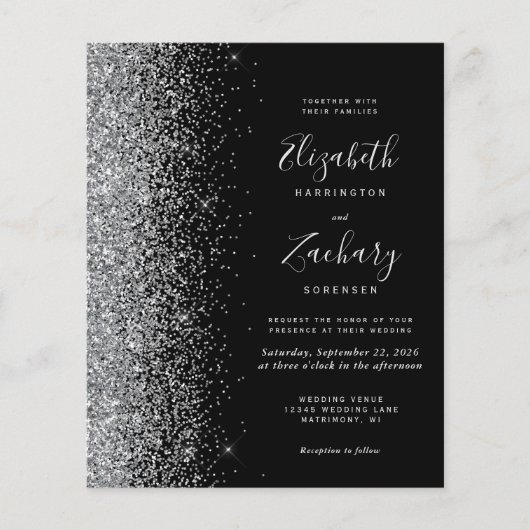 Budget Black Silver Glitzer Einladung (Vorderseite)