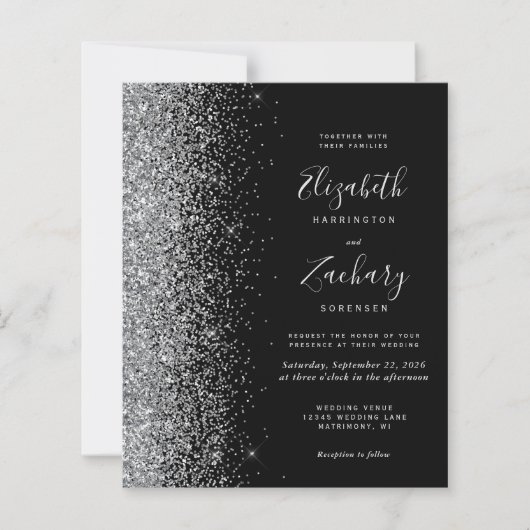 Budget Black Silver Glitzer QR Code Hochzeit (Vorderseite)