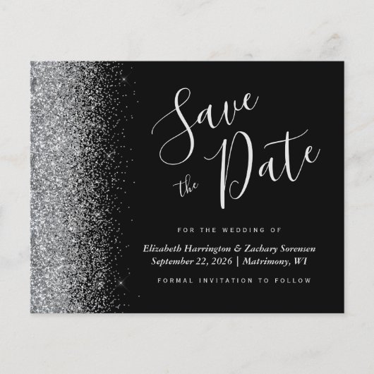 Budget Black Silver Glitzer Wedding Save the Date (Vorderseite)