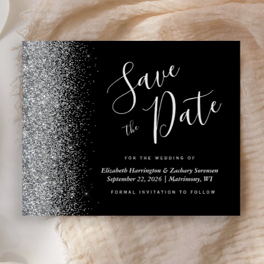 Budget Black Silver Glitzer Wedding Save the Date